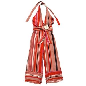 Dress Forum Womens Large Stripe Orange Pink Brown Halter Jumpsuit Cropped Jumper